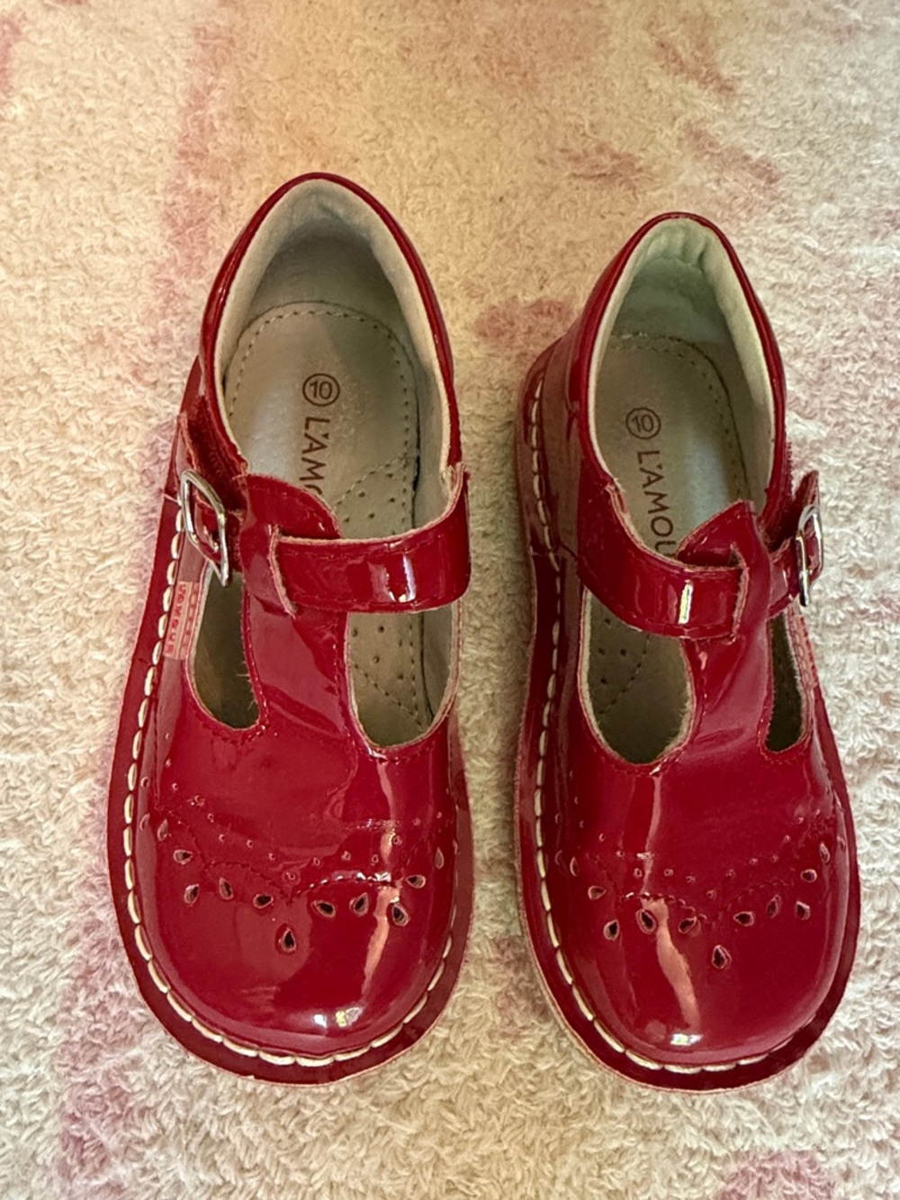 L'Amour Girls Red Patent T-Strap Mary Jane Dress Shoes
